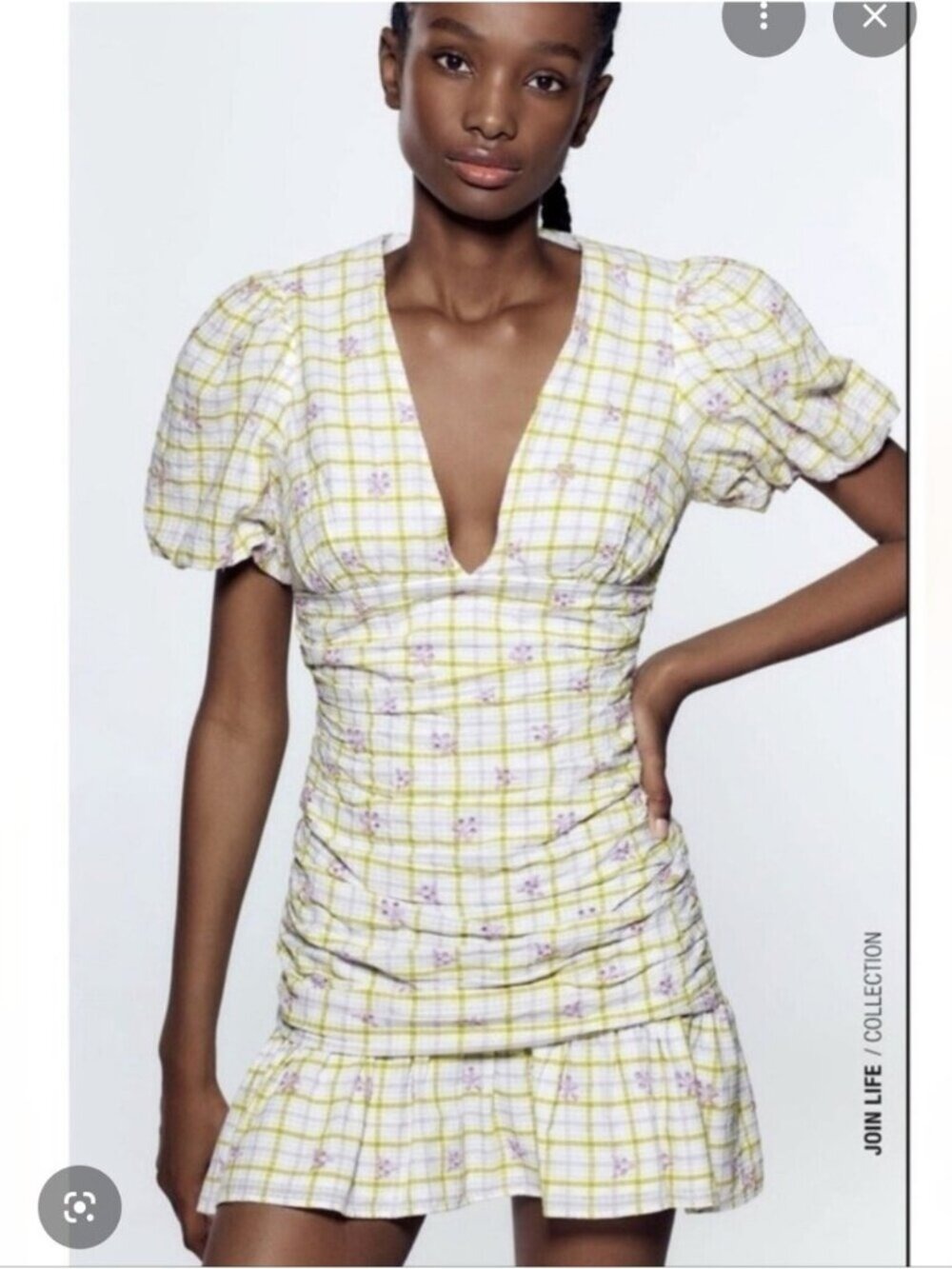 ZARA | Checkered Eyelet Draped Dress 0881/315 Floral Sz S